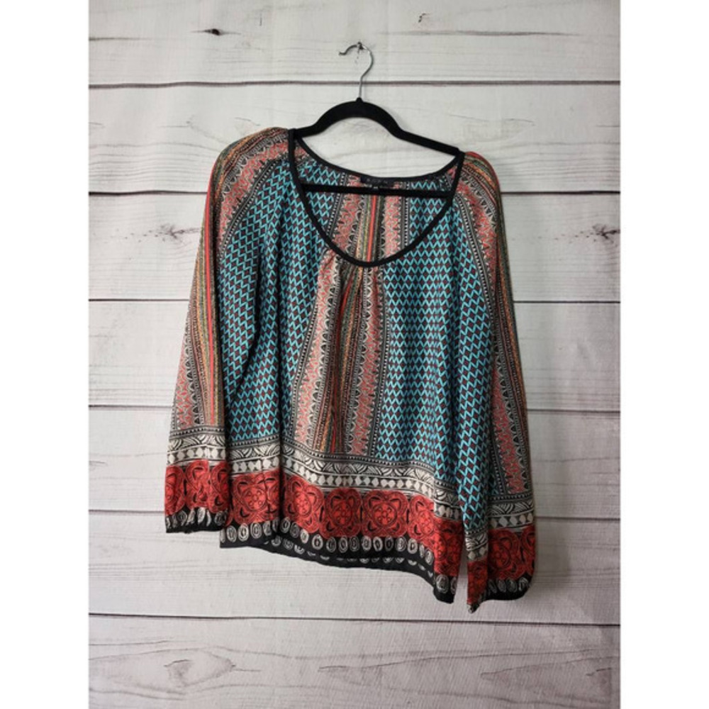 Glam Womens Casual Top‎ Multicolor Geometric Long Sleeve Scoop Neck USA Boho M